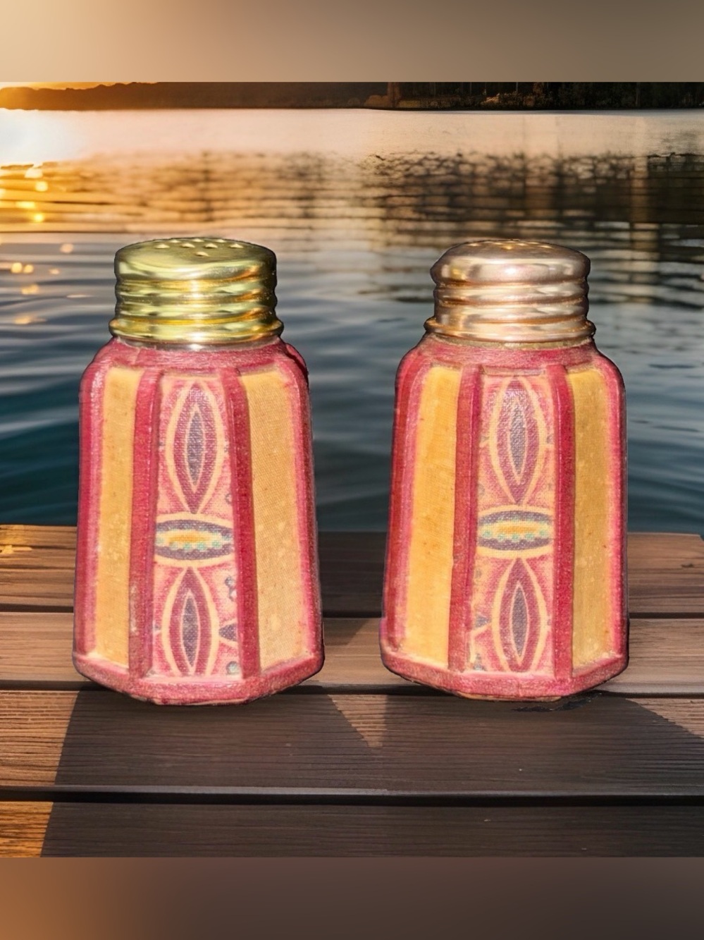 Vtg Leather Wrapped Salt and Pepper Shakers Octagonal Boho Geometric Red Gold